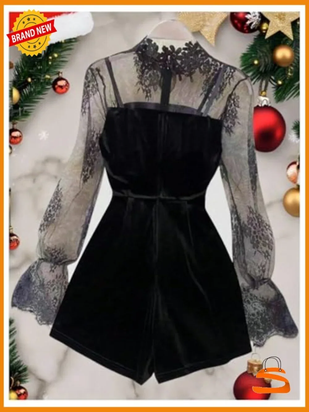 Lace Mesh Long Flounce Sleeve Velvet Romper Jumpsuit Pull On - Picture 2 of 5